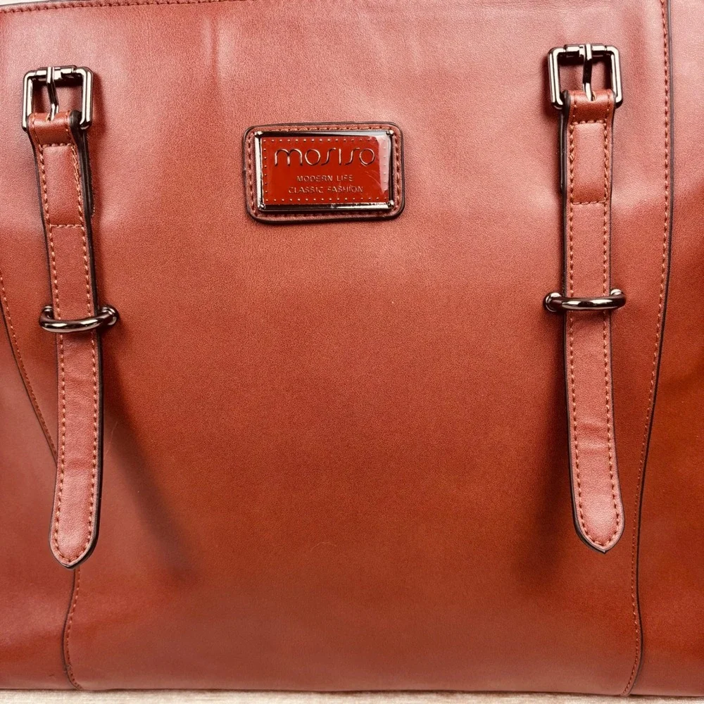 Mosiso Faux Leather Cognac Brown Laptop Bag Large Tote Straps Pockets 18